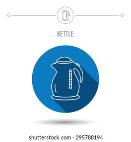 Kettle icon. Kitchen teapot sign. Blue flat circle button. Linear icon with shadow. Vector