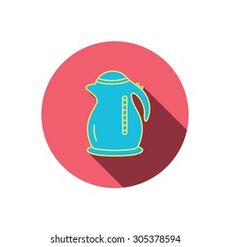 Kettle icon. Kitchen teapot sign. Red flat circle button. Linear icon with shadow. Vector