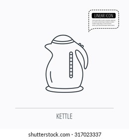 Kettle icon. Kitchen teapot sign. Linear outline icon. Speech bubble of dotted line. Vector