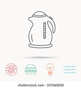 Kettle icon. Kitchen teapot sign. Global connect network, ocean wave and burger icons. Lightbulb lamp symbol.