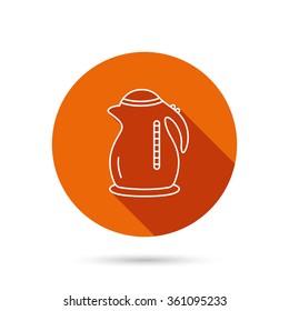 Kettle icon. Kitchen teapot sign. Round orange web button with shadow.