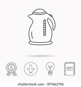 Kettle icon. Kitchen teapot sign. Download arrow, lamp, learn book and award medal icons.