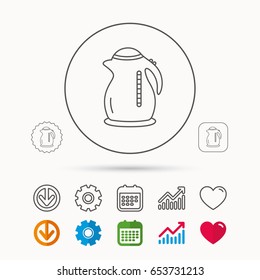 Kettle icon. Kitchen teapot sign. Calendar, Graph chart and Cogwheel signs. Download and Heart love linear web icons. Vector