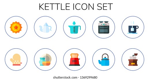 kettle icon set. 10 flat kettle icons.  Simple modern icons about  - beer cap, kitchen, teapot, porcelain, water pot, toaster, oven, tea, coffee grinder