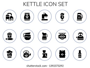 kettle icon set. 15 filled kettle icons.  Collection Of - Beer, Coffee, Tea bag, Coffee pot, Kettle, Teapot