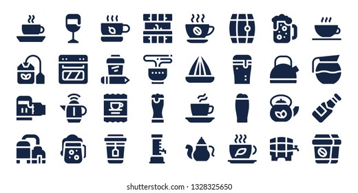 kettle icon set. 32 filled kettle icons. on blue background style Simple modern icons about  - Coffee, Tea bag, Beer, Oven, Kettle, Tea, Kitchen, Juicer, Teapot, Coffee shop, Coffee pot