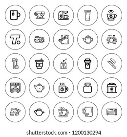 Kettle icon set. collection of 25 outline kettle icons with bottles ball, coffee maker, coffee mill, coffee, knive, kettle, kettlebell, oven, tea icons. editable icons.