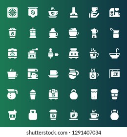 kettle icon set. Collection of 36 filled kettle icons included Kettlebell, Coffee, Tea, Thandai, Rice cooker, Coffee pot, Coffee maker, Punch bowl, Toaster, grinder, Mocha