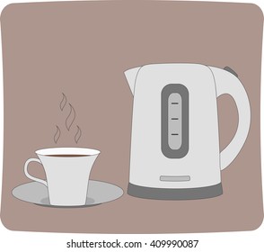 Kettle icon. Teapot. Teakettle . Electric kettle. Cup. Saucer. Tea. 