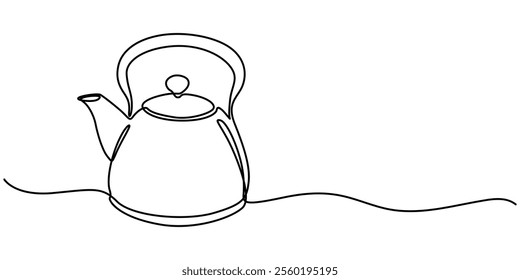 Kettle. Icon. Vector drawing. One line art. A simple drawing of a continuous line of a kitchen electric appliance, one continuous line drawing of kettle isolated on white background. cooking pro.