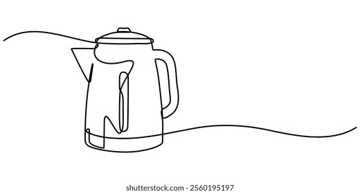 Kettle. Icon. Vector drawing. One line art. A simple drawing of a continuous line of a kitchen electric appliance, one continuous line drawing of kettle isolated on white background. cooking pro.