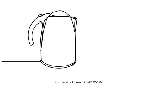 Kettle. Icon. Vector drawing. One line art. A simple drawing of a continuous line of a kitchen electric appliance, one continuous line drawing of kettle isolated on white background. cooking pro.