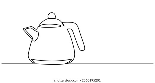 Kettle. Icon. Vector drawing. One line art. A simple drawing of a continuous line of a kitchen electric appliance, one continuous line drawing of kettle isolated on white background. cooking pro.