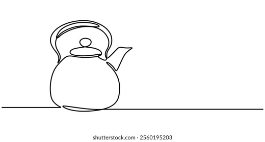 Kettle. Icon. Vector drawing. One line art. A simple drawing of a continuous line of a kitchen electric appliance, one continuous line drawing of kettle isolated on white background. cooking pro.