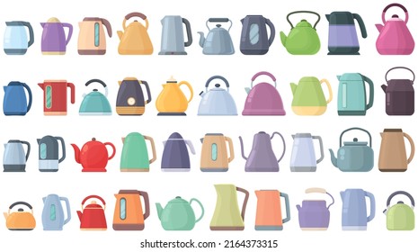 Kettle icons set cartoon vector. Water appliance. Cafe beverage