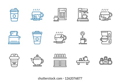 kettle icons set. Collection of kettle with kettlebell, tea, crockery, teapot, coffee, coffee maker, toaster. Editable and scalable kettle icons.