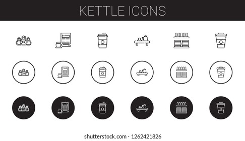 kettle icons set. Collection of kettle with kettlebell, coffee, tea, crockery. Editable and scalable kettle icons.