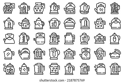 Kettle icons set outline vector. Water appliance. Kitchen cafe
