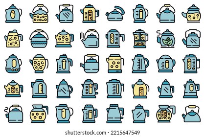 Los iconos de Kettle establecen el vector de contorno. Aparato de agua. Cocina café color plano aislado