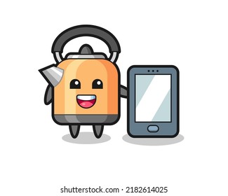 kettle illustration cartoon holding a smartphone , cute style design for t shirt, sticker, logo element