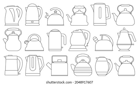 Icono de conjunto de contorno aislado de Kettle. Icono de juego de contorno del vector tetera eléctrica. Caldera de ilustración vectorial sobre fondo blanco.