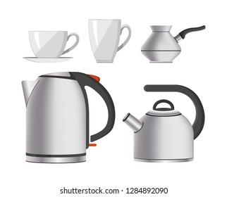 Kettle kitchen tableware modern home appliance vector. Isolated icons set of electronic devices with handles, mugs and cups. Kitchenware machines