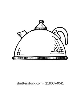 hervidor de herramientas de cocina garabatos. Ilustración de silueta negra de vector dibujada a mano sobre fondo blanco. Clipart para menú de restaurante, libro de recetas y tapicería.