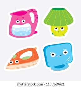 kettle lamp iron and TV made in comic style. Each object displays essence of its purpose through emotions. Use as icon symbol sign emoticon emoji sticker badge tag. Hand drawn vector isolated