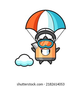 kettle mascot cartoon is skydiving with happy gesture , cute style design for t shirt, sticker, logo element