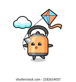 kettle mascot illustration is playing kite , cute style design for t shirt, sticker, logo element