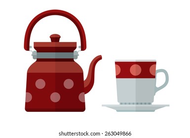 Kettle and mug for tea flat saucer. Eps10 vector illustration. Isolated on white background