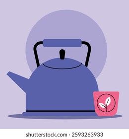 Kettle next to a cup and leaf design. Relaxing moment dedicated to brewing herbal tea. Wellness and tranquility concept