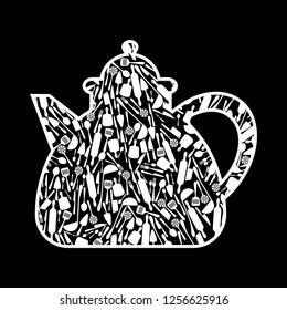 kettle on a black background. silhouette decorated with kitchen utensils.Vector illustration