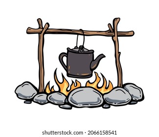 kettle on the fire, camping, cartoon colorful vector illustration element