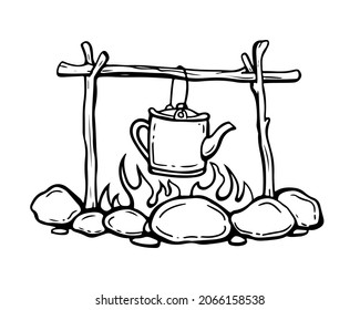 kettle on the fire, camping, hand drawn vector illustration