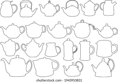 Kettle outline set, teapots and coffeepots collection