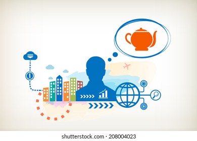 Kettle and person with bubbles for dialogue. Think and decide.