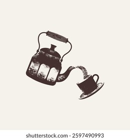 Kettle poring coffee in the cup. Tea illustration