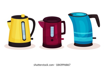 Kettle as Pot for Boiling Water with Lid, Spout and Handle Vector Set