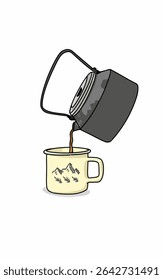 Kettle derrama chá em caneca de esmalte No fundo branco. Floresta para cozinhar ao ar livre