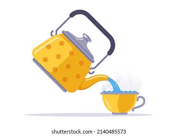 kettle pours water into a mug. morning ceremony. to drink tea. flat vector illustration.