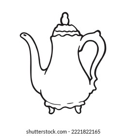 Kettle in retro fashion ready for preparing hot drink like tea and coffee pen drawing silhouette logo. Cartoonish restaurant dishes symbol. Tea and coffee pot hand drawn outline illustration logo.