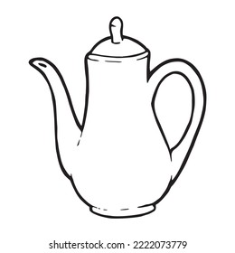 Kettle in retro style used for preparing hot drinks like tea and coffee pen drawing silhouette logo. Cartoonish restaurant dishes symbol. Tea and coffee pot hand drawn outline illustration graphic.