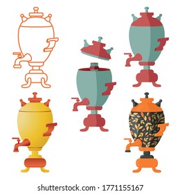 Un hervidor de agua. El samovar. Ilustración vectorial. Dibujo de contorno. Ilustración plana. Gradiente. Patrón.
