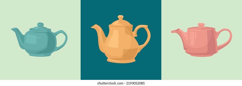 Hervidor de agua. Un conjunto de teteras de diferentes formas y propósitos. Imagen vectorial.