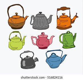 Kettle set vector doodle outline isolated object color background sketch tea coffee hand draw menu