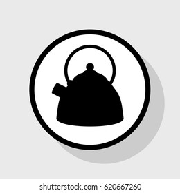 Kettle sign illustration. Vector. Flat black icon in white circle with shadow at gray background.