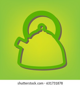 Kettle sign illustration. Vector. Green line icon with brown shadow at green-yellow background.