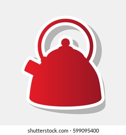 Kettle sign illustration. Vector. New year reddish icon with outside stroke and gray shadow on light gray background.