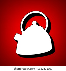 Kettle sign illustration. Vector. Perspective view of white icon with black outline at reddish background.